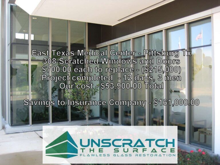 Pricing summary from large glass restoration insurance project. Savings over replacement info. Pittsburg, TX